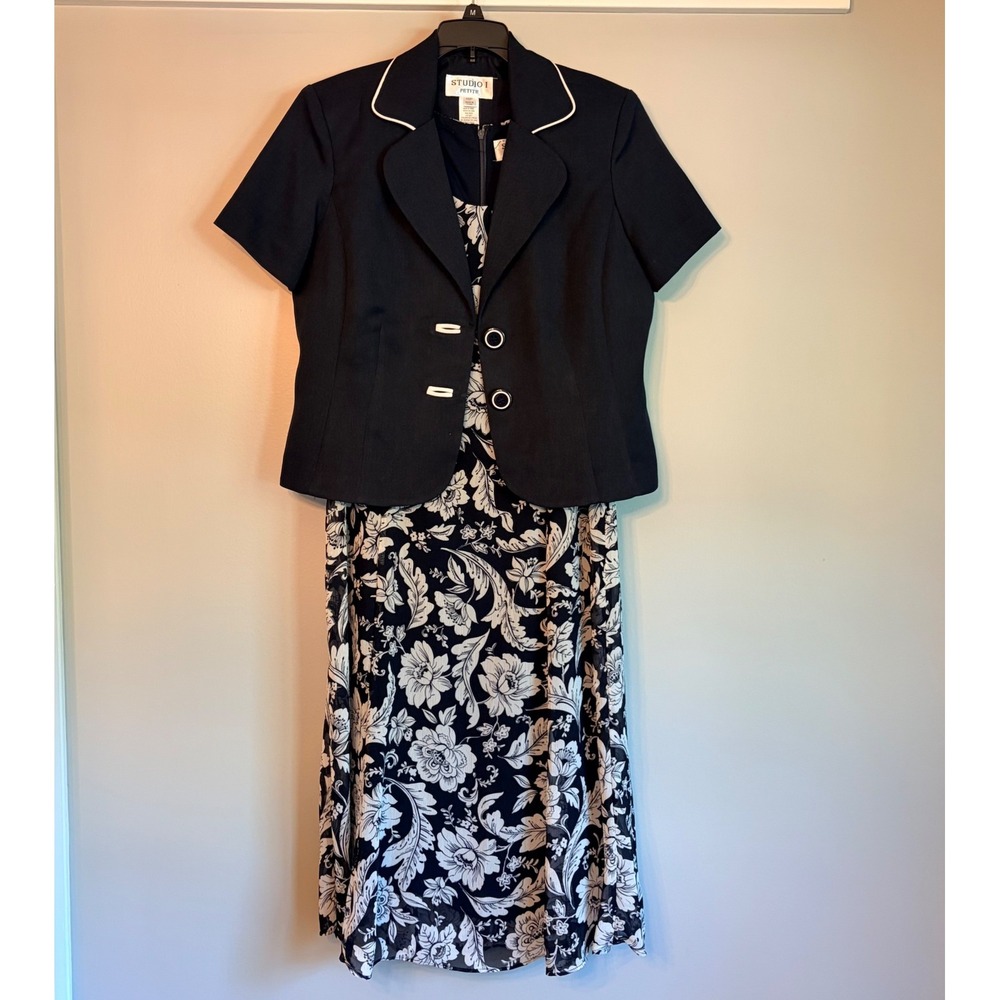 Studio I Petite 2 Piece Dress Set Navy Floral Midi Dress Short Sleeve Blazer 10P